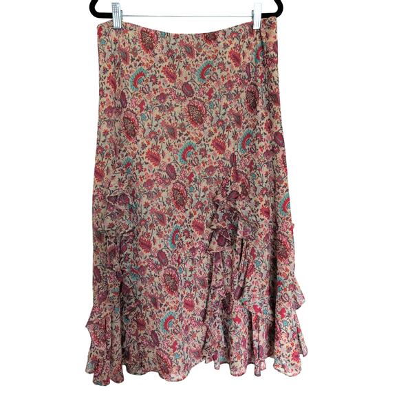 Y2K Ruffled Chiffon Midi Skirt Medium Fairy Grunge Floral Paisley Boho Cottage - Picture 2 of 5